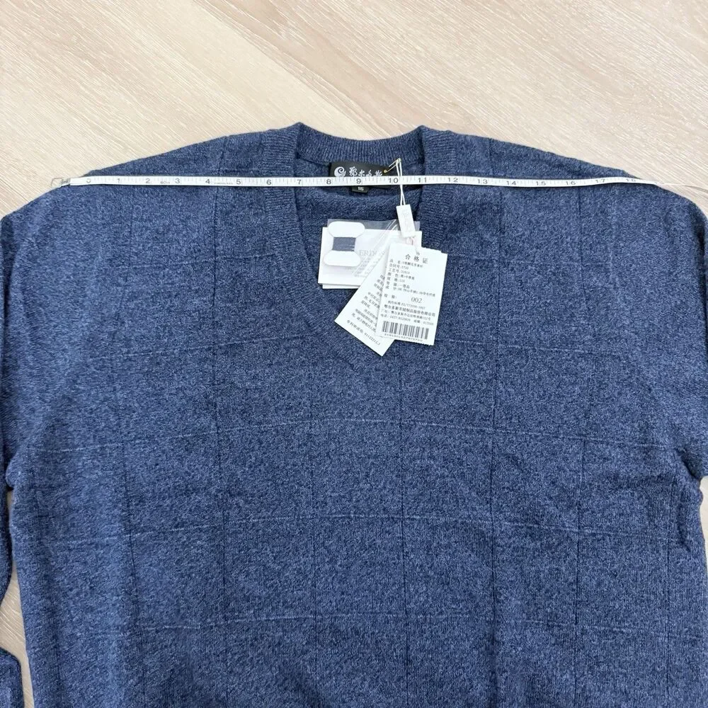 NWT Cashmere Tech V-Neck Sweater Windowpane Blue Men's L XL ERDOS Grandpa Preppy